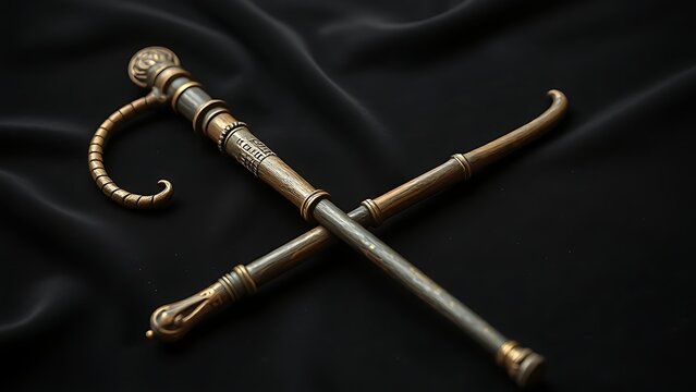 Ancient Egyptian crook and flail crossed on black velvet, ceremonial artifacts.