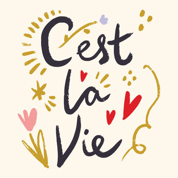 C'est la vie handwritten lettering quote vector, French phrase calligraphy, hand drawn typography design for print, poster, apparel