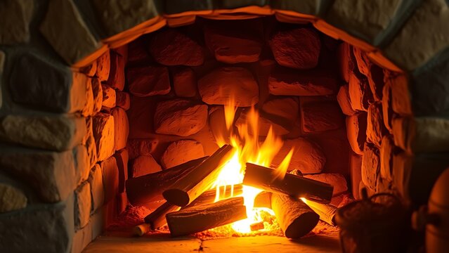 A cozy stone fireplace with a crackling fire illuminating the rustic wall.