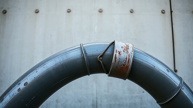 Sharp, unnatural bend in a section of industrial metal water pipe against concrete.
