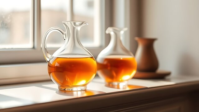 Two glass cruets with amber and golden liquids on a sunlit windowsill.
