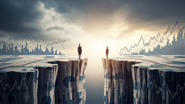 Conceptual business landscape with stock market charts, professionals standing on cliffs separated by a gap, financial risk and economic crisis concept