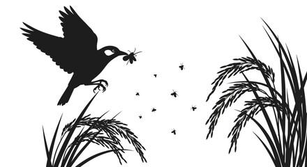 Naklejka premium Bird Flying with Insect in Beak.