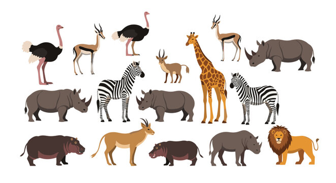 Large collection of diverse african savanna animals including a lion zebra giraffe rhinoceros ostrich hippopotamus and antelope.
