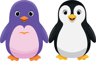 Fototapeta premium Cute Cartoon Penguin Couple with Purple and Black White Characters Smiling on White Background for Kids and Childish Design