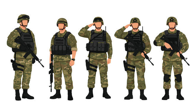 Group of five soldiers standing in full camouflage combat gear with rifles, helmets, and tactical equipment representing military service and defense.