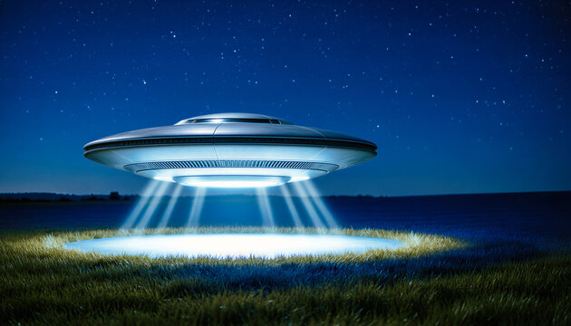 Metallic disc UFO hovering over a grassy field at night. Extraterrestrial spaceship emitting white light beams under a starry sky