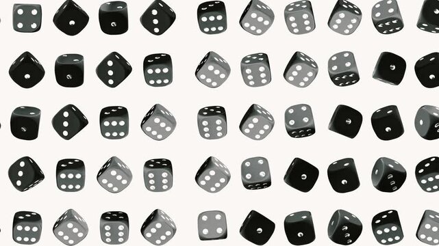 Seamless pattern of rotating black dice on white background, modern 3D gambling animation with dynamic camera and alpha channel