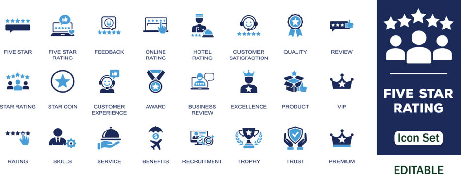 Five star rating editable solid icon set. Containing satisfaction, online, feedback, review, quality, trophy, trust, rating, premium, VIP, 5 star, excellence and more     vector icons collection. 