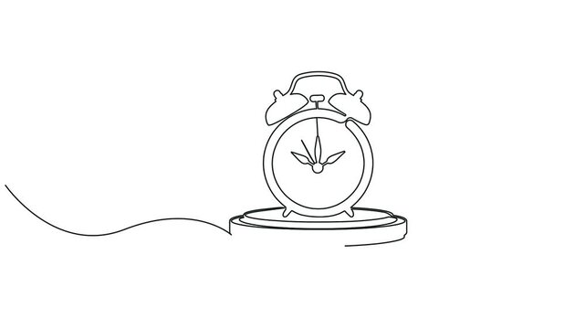 Continuous line drawing vintage alarm clock self drawing single line concept black outline motion on white background 4K animation