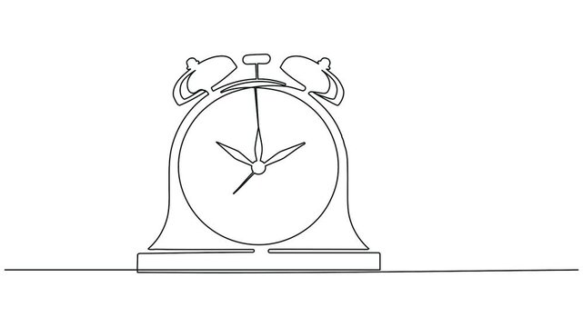 Continuous line drawing vintage alarm clock self drawing single line concept black outline motion on white background 4K animation