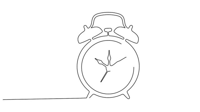 Continuous line drawing vintage alarm clock self drawing single line concept black outline motion on white background 4K animation