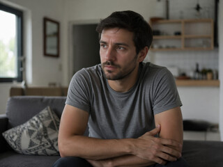 Fototapeta premium Pensive Young Man Sitting Alone at Home Dealing with Stress and Mental Health