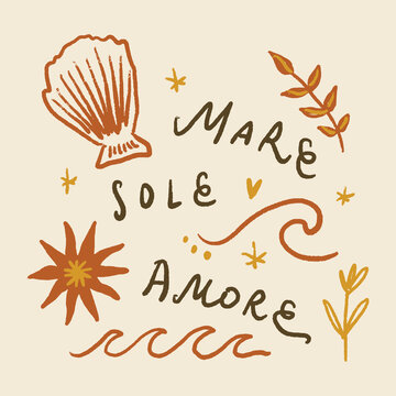 Trendy hand-lettered phrase Sole Mare Amore Italian for Sun Sea Love in boho retro sunset style. Aesthetic typography composition inspired by summer vibes, beach lifestyle and warm sun energy. Elegant