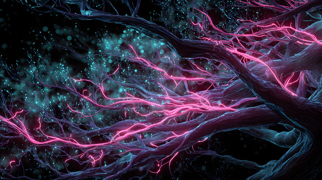 Bioluminescent root system with glowing pink aqua veins in a surreal technological darkness