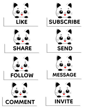 Cute White Cat Holding Black and White Glossy 3D Social Media UI Button Set with Like Subscribe Share Send Follow Message Comment Invite Text, Kawaii Cartoon Style Interface Elements