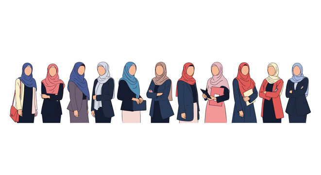 Large group of diverse women stands together wearing various styles and colors of hijabs and modest professional or casual clothing.
