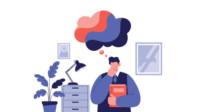 Man in an office environment ponders a creative project while a vibrant abstract thought cloud emerges above his head during work.