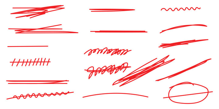 set of Red underline and strikethrough markers. Horizontal hand drawn marker stripes