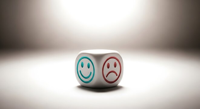 Two Dice with Happy and Sad Faces on a Plain Background, Illustrating Contrasting Emotions and Moods in a Simple Yet Effective Manner.