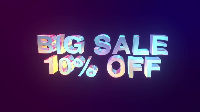 Big sale 10 percent off 3D colorful text animation discount promotion for shopping and marketing 4K