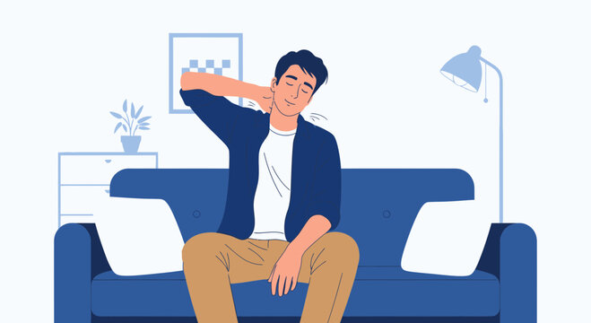 Man sitting on sofa stretching neck, experiencing neck pain and stiffness at home