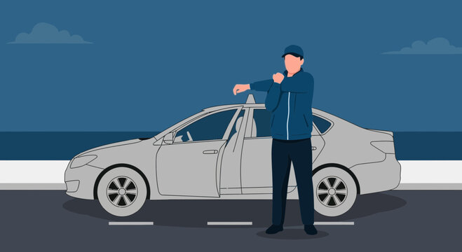 Man stretching beside car at night, driver fatigue concept