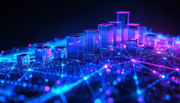 Abstract 3D render of blue and purple neon data blocks rising like a digital city skyline.
