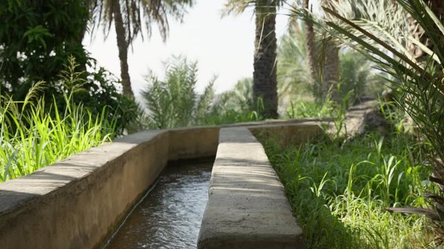 Slow Motion Tourist at Misfat al Abriyeen Falaj Canals, Cinematic Male Traveler by Omani Irrigation System