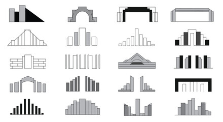 Fototapeta premium Set of black and grey abstract architectural or geometric shapes representing building structures walls and arches.