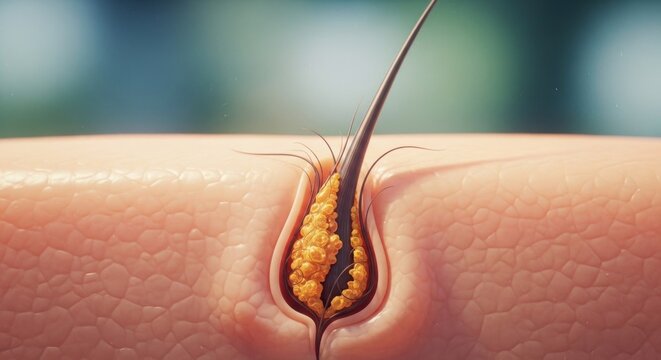 Closeup illustration of an ingrown hair follicle with inflammation and infection.