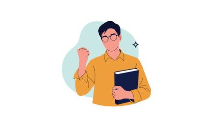Fototapeta premium Young man wearing glasses holding a book and raising his fist in a gesture of success or academic achievement in studies.