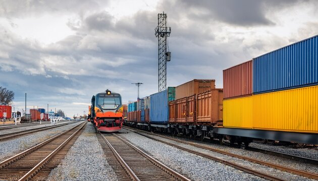train engine and cargo container connect at the freight yard during a cloudy day in an industrial area