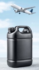 Obraz premium Black fuel canister standing with airplane approaching runway