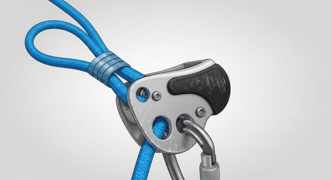 Closeup Shot of a Blue Rope and Metal Carabiner for Climbing and Safety.