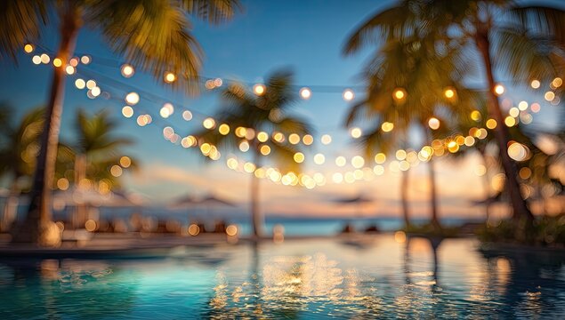 Tropical Paradise Evening Poolside Ambiance with String Lights and Palm Trees.