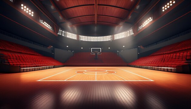 3d render of empty basketball arena with red seats and floodlights