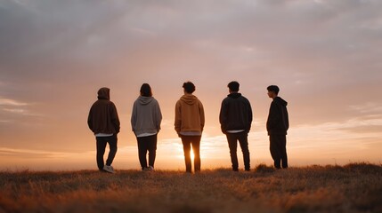Fototapeta premium A group of friends stand together in an open field watching the warm colors of the vast sunset spread across the horizon