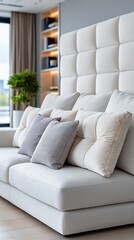 Fototapeta premium Sectional sofa with decorative pillows in contemporary living room