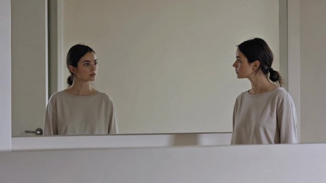 Woman facing mirror confronting inner self reflection and identity awareness in minimalist room