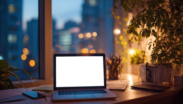 Cozy Home Office Setup with Laptop and City View at Dusk.