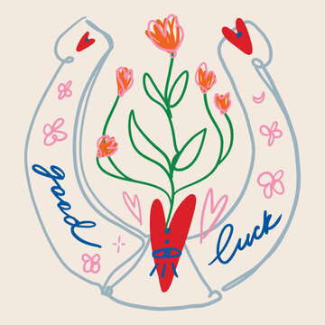 Minimalist lucky horseshoe vector with groovy cowgirl lettering, retro 70s western style typography