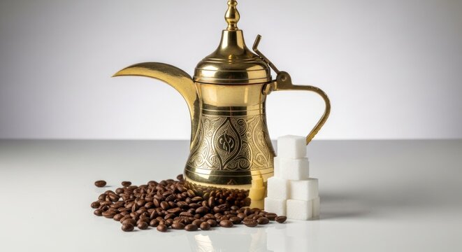Golden Coffee Pot with Coffee Beans and Sugar Cubes on a White Surface.