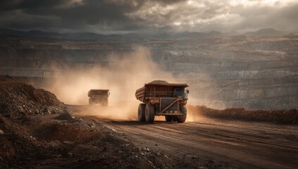 Naklejka premium Massive haul trucks driving on dusty road in open-pit mine under dramatic sky.