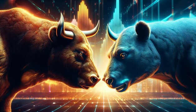 bull and bear fighting concept of stock market exchange or financial technology generative ai