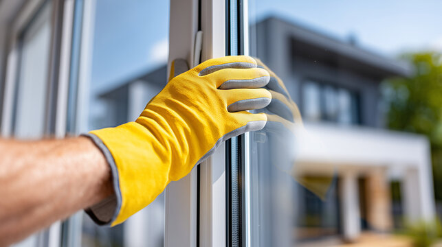 Faceless hands in professional work gloves carefully positioning a large triple-pane energy-efficient window into a frame, representing high-end residential installation, close-up