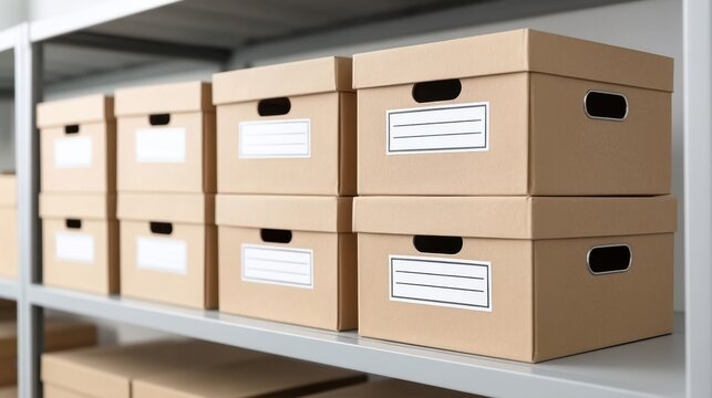 Organized Storage with Cardboard Boxes on Shelves in a Minimalist Office Setting Featuring Neutral Tones and a Slightly Diagonal Perspective