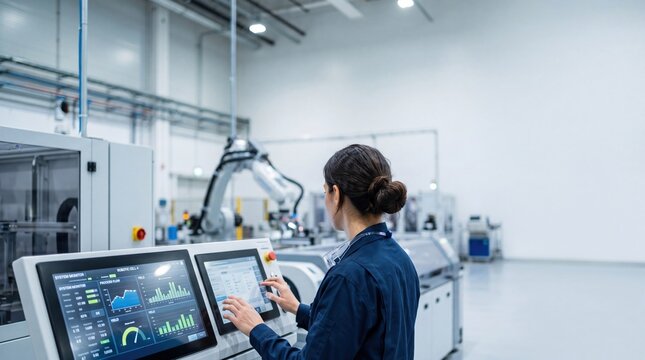 Female industrial engineer operating machinery in smart factory using touchscreen control panel with data analytics dashboard automation production line