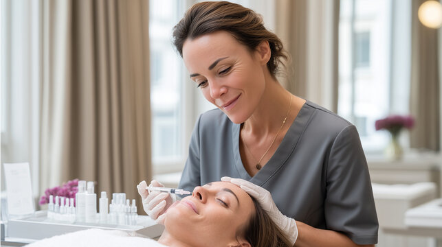 ultra-realistic photo of a professional nurse injector performing aesthetic treatment in a modern beauty clinic room, natural lighting, elegant minimal decor, neutral tones, clean