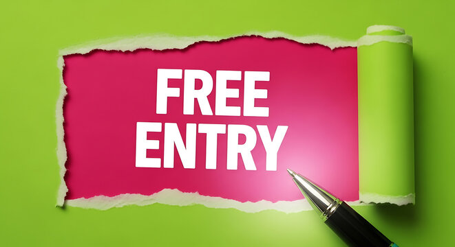 Unveiling the exciting words "free entry" in bright white text on a vivid pink background behind ripped paper.